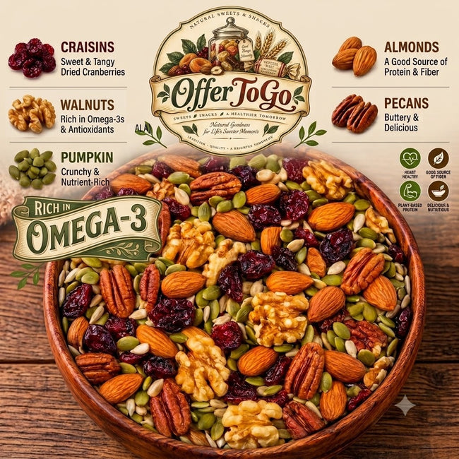 Omega-3 Mixed Nuts and Dried Fruit Trail Mix Premium Healthy Snack Blend Featuring Craisins, Natural Walnuts, Almonds, Pumpkin Seeds and Pecans