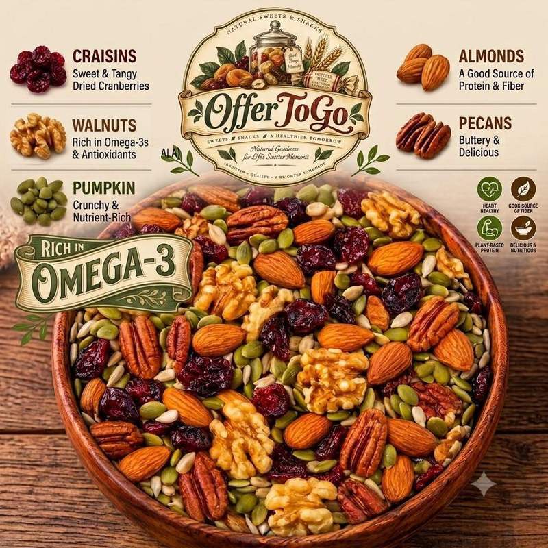 Omega-3 Mixed Nuts and Dried Fruit Trail Mix Premium Healthy Snack Blend Featuring Craisins, Natural Walnuts, Almonds, Pumpkin Seeds and Pecans