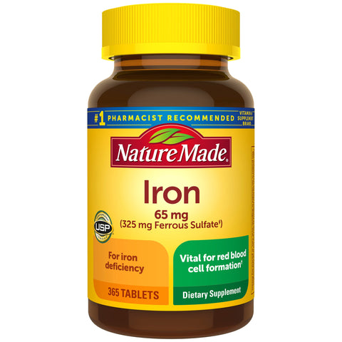 Nature Made Iron, 365 Tablets 65 Mg, 325 mg. Ferrous Sulfate Red Blood Cell Formation | Offer ToGo