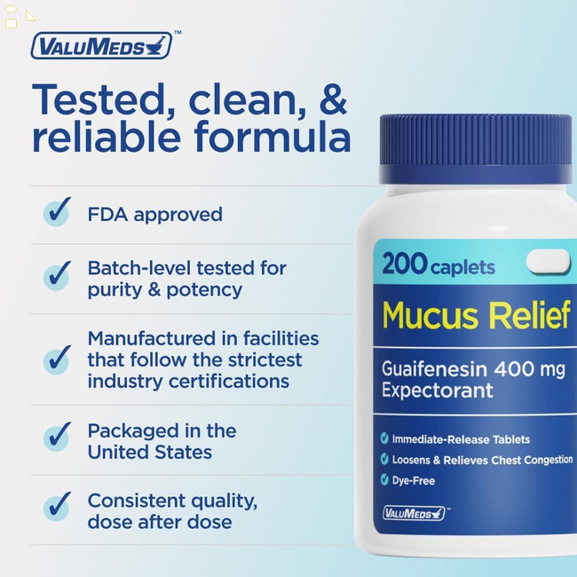 Valumeds Mucus Relief Guaifenesin 400Mg (200 Caplets) | Maximum Strength | Mucus Thinning for Colds, Chest Congestion, Flu, Coughing | Expectorant & Decongestant