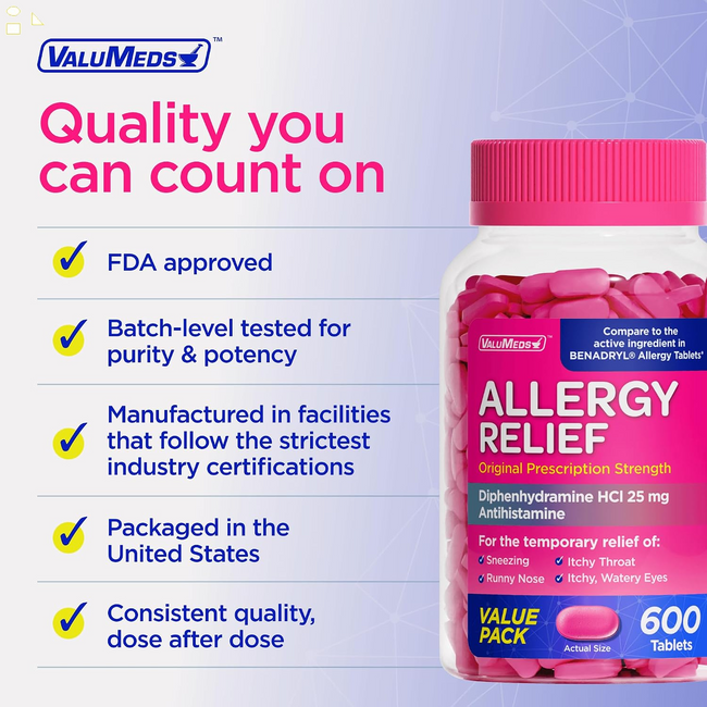 Valumeds Allergy Medicine Antihistamine, Diphenhydramine Hcl 25 Mg | Children and Adults | Relieve Itchy Eyes, Runny Nose, Sneezing (25 Mg, 600 Count)