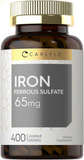 Iron Ferrous Sulfate 65 Mg | 400 Tablets | Non-Gmo, Gluten Free, and Vegetarian Supplement | High Potency 