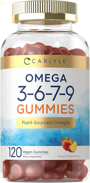 Omega 3 6 7 9 Gummies | 120 Count | Vegan Plant Sourced Supplement | Peach Flavor