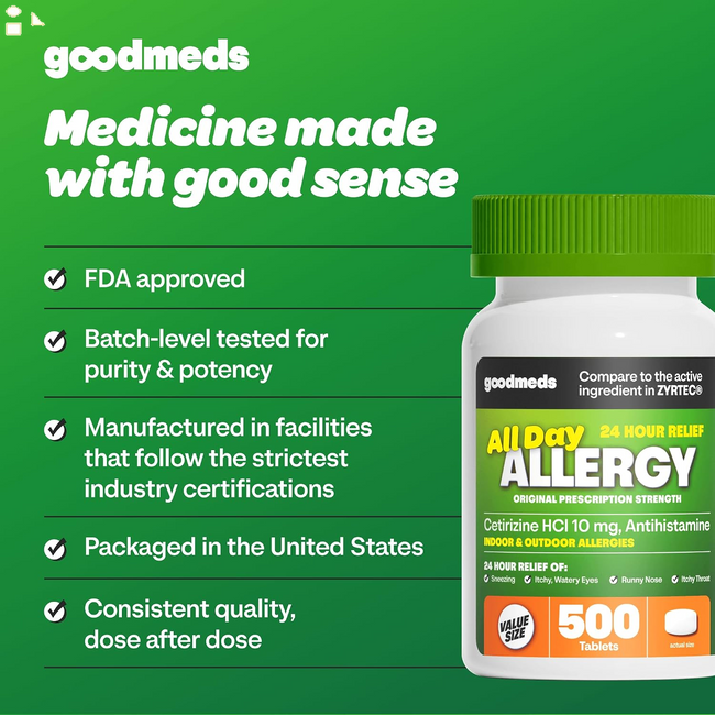 24-Hour Allergy Medicine 500-Count Non-Drowsy Antihistamine for Pollen, Hay Fever, Dry, Itchy Eyes, Allergies | Cetirizine Hcl 10Mg Tablets, Compare to Leading