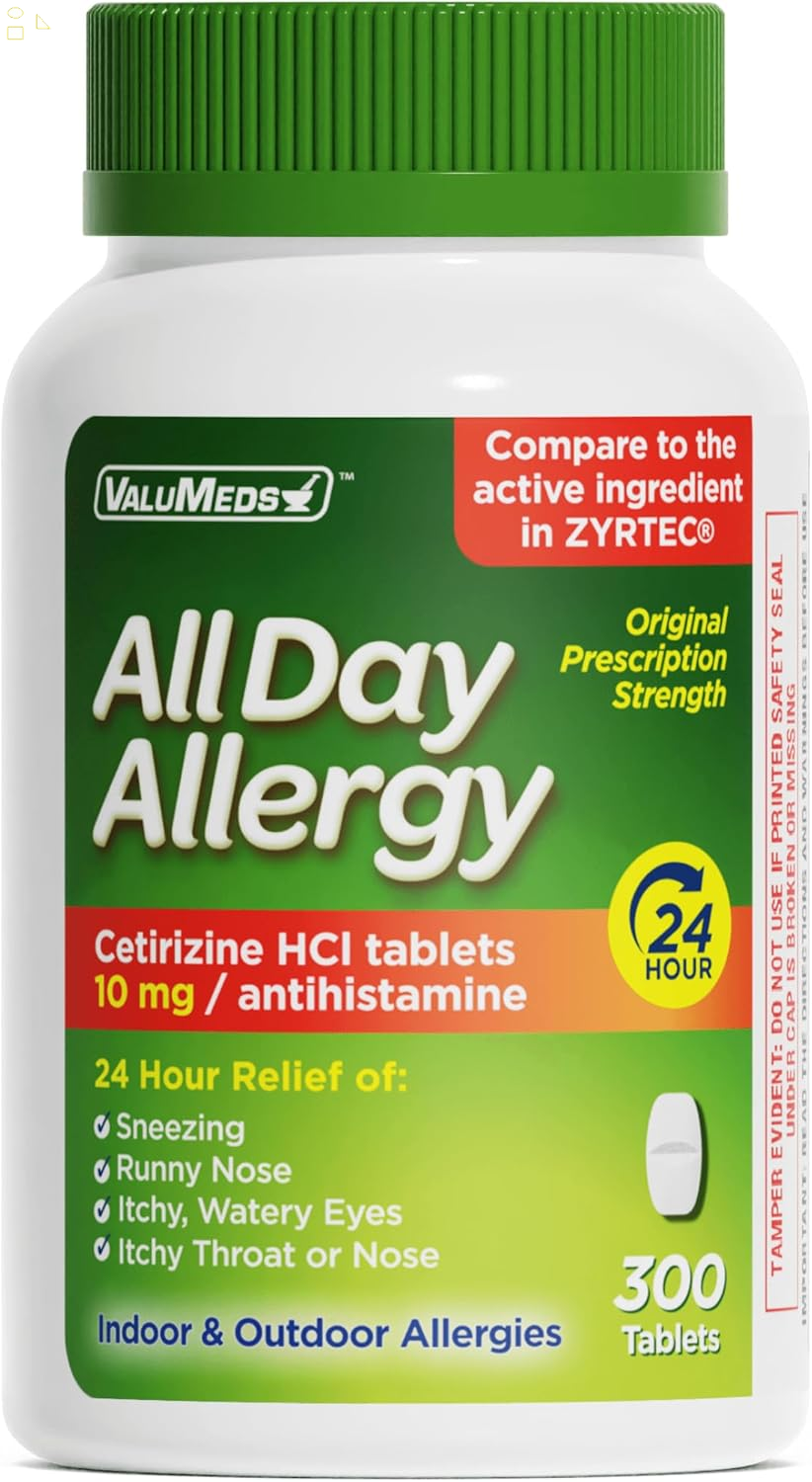 Valumeds 24-Hour Allergy Medicine Antihistamine for Pollen, Hay Fever, Dry, Itchy Eyes, Allergies | Cetirizine Hcl 10Mg Caplets, Compare to Leading  (300 Count)