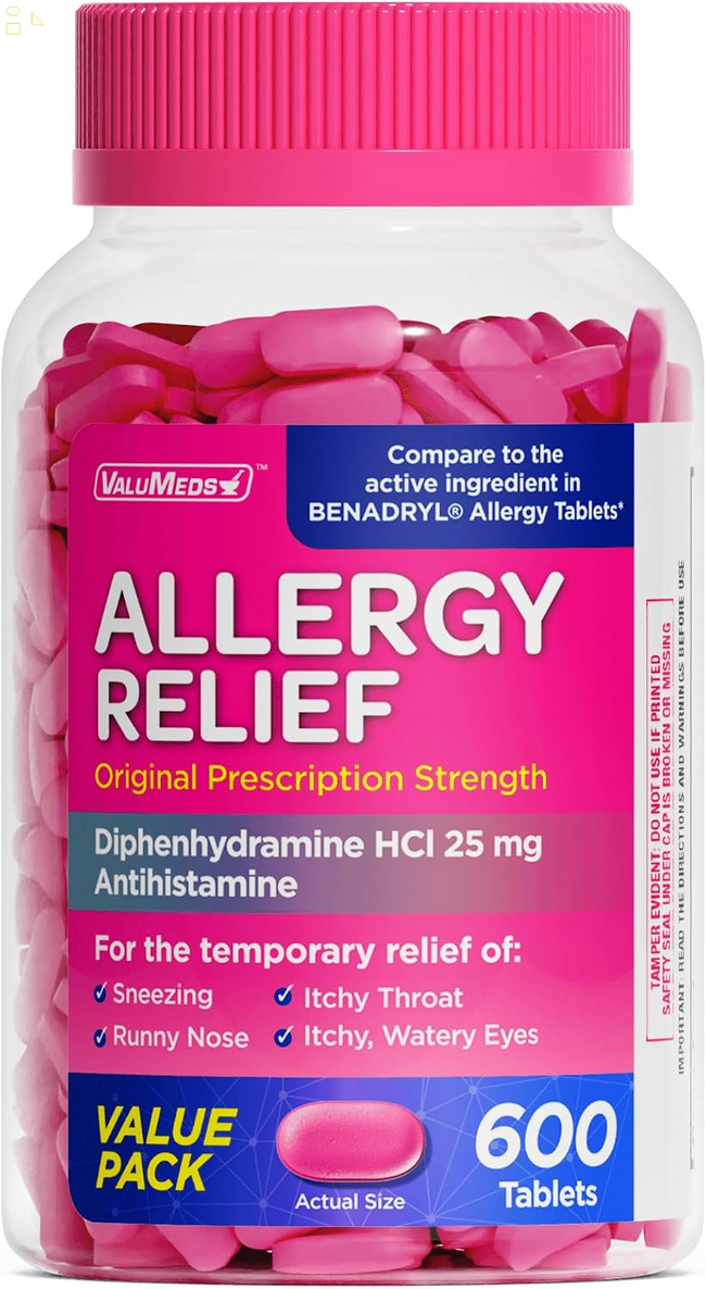 Valumeds Allergy Medicine Antihistamine, Diphenhydramine Hcl 25 Mg | Children and Adults | Relieve Itchy Eyes, Runny Nose, Sneezing (25 Mg, 600 Count)