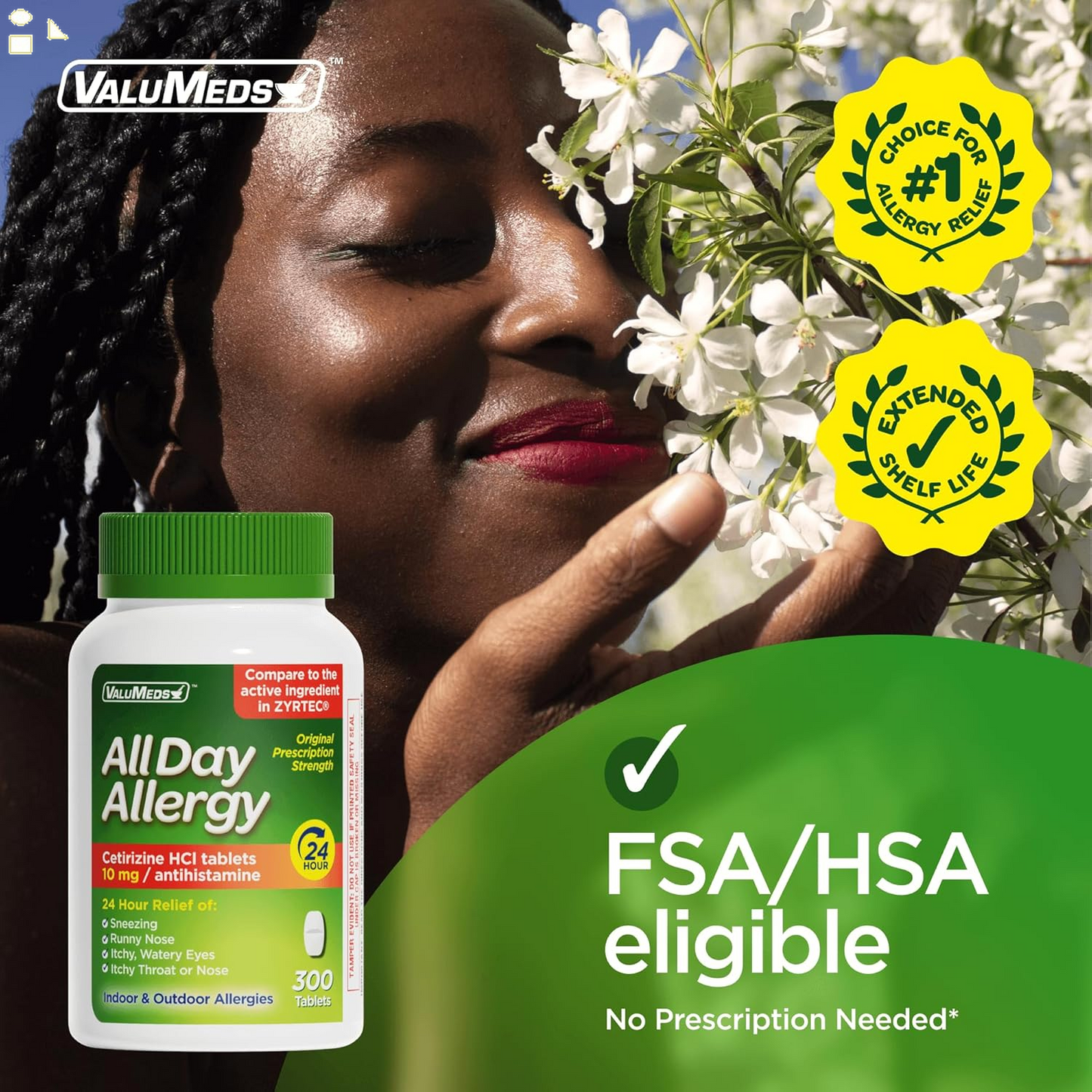 Valumeds 24-Hour Allergy Medicine Antihistamine for Pollen, Hay Fever, Dry, Itchy Eyes, Allergies | Cetirizine Hcl 10Mg Caplets, Compare to Leading  (300 Count)