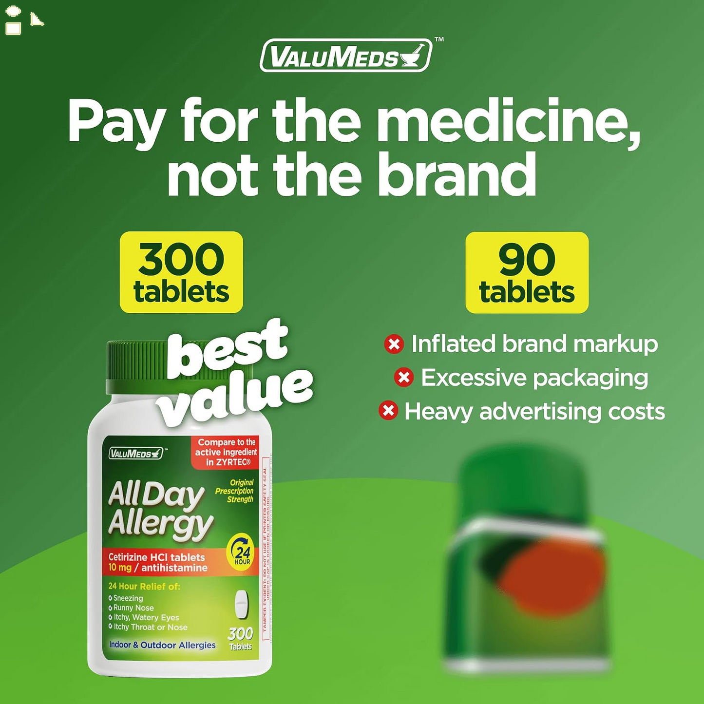 Valumeds 24-Hour Allergy Medicine Antihistamine for Pollen, Hay Fever, Dry, Itchy Eyes, Allergies | Cetirizine Hcl 10Mg Caplets, Compare to Leading  (300 Count)
