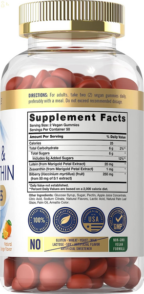 Lutein and Zeaxanthin Gummies | 20Mg of Lutein Supplement | 100 Orange Flavor Vegan Gummies | Non-Gmo, Gluten Free