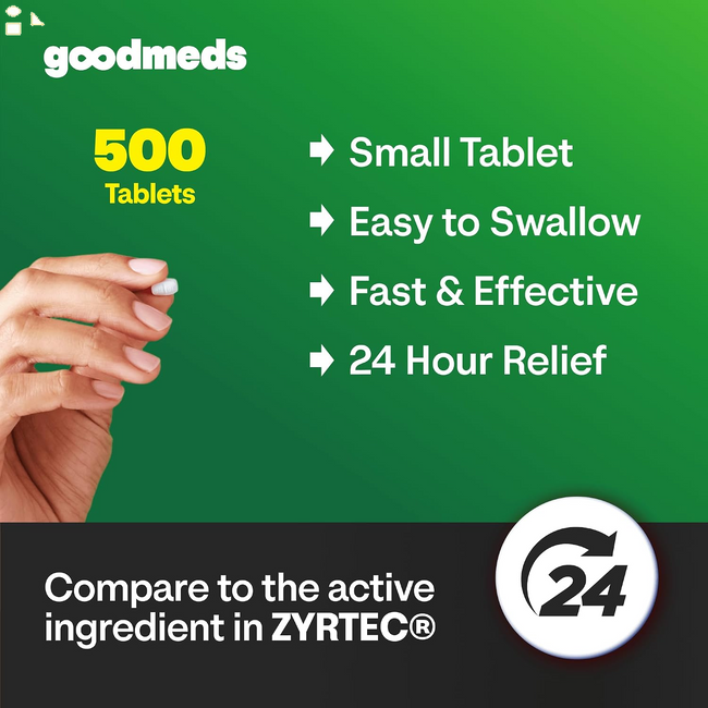 24-Hour Allergy Medicine 500-Count Non-Drowsy Antihistamine for Pollen, Hay Fever, Dry, Itchy Eyes, Allergies | Cetirizine Hcl 10Mg Tablets, Compare to Leading