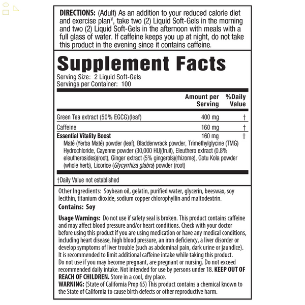 Green Tea Fat Burner, Weight Loss Support, 200 Liquid Soft-Gels | Maximum Strength 400 mg. EGCG