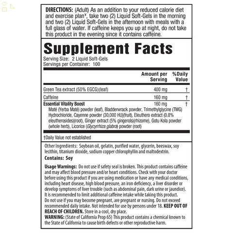 Green Tea Fat Burner, Weight Loss Support, 200 Liquid Soft-Gels | Maximum Strength 400 mg. EGCG