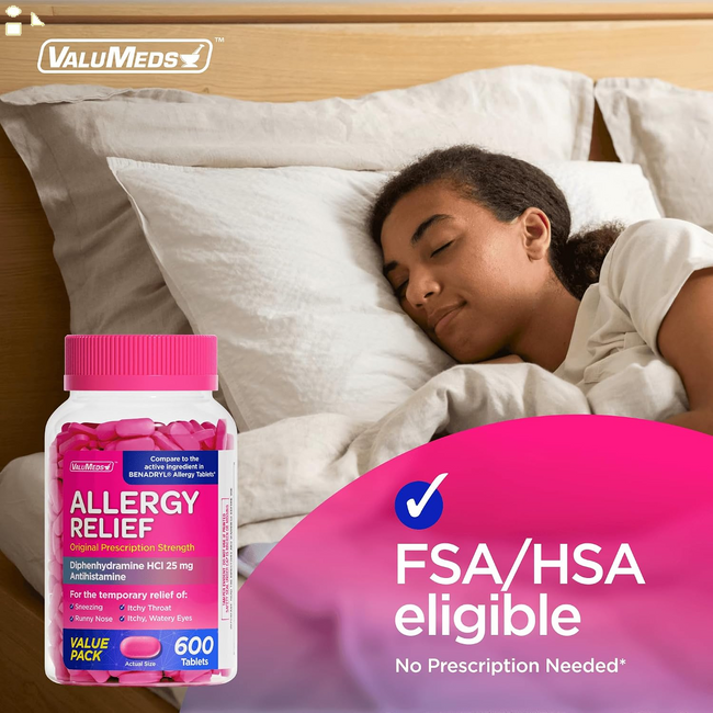 Valumeds Allergy Medicine Antihistamine, Diphenhydramine Hcl 25 Mg | Children and Adults | Relieve Itchy Eyes, Runny Nose, Sneezing (25 Mg, 600 Count)