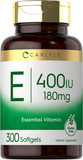 Vitamin E Softgel Capsules 400 IU | 180Mg | 300 Count | Non-Gmo and Gluten Free Formula