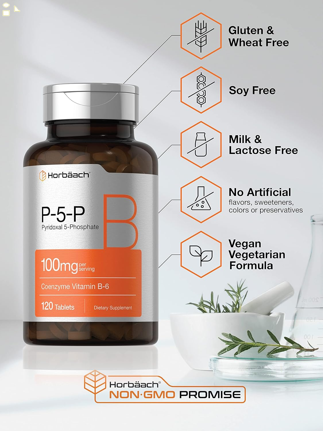 Horbäach P5P Activated Vitamin B6 100Mg | 120 Vegetarian Tablets | Non-Gmo, Gluten Free Supplement | Pyridoxal 5 Phosphate | Coenzyme B6
