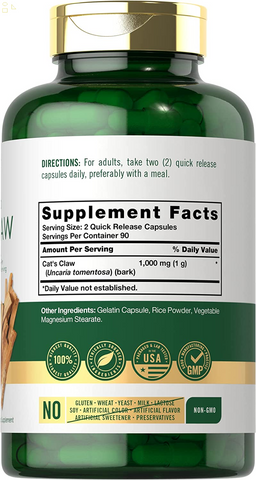 Cat'S Claw Capsules 1000Mg | 180 Count | Uncaria Tomentosa | Non-Gmo, Gluten Free Supplement