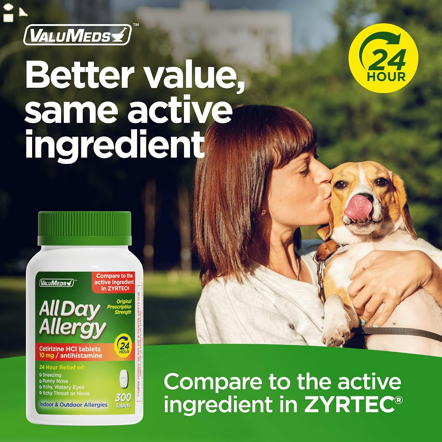 Valumeds 24-Hour Allergy Medicine Antihistamine for Pollen, Hay Fever, Dry, Itchy Eyes, Allergies | Cetirizine Hcl 10Mg Caplets, Compare to Leading  (300 Count)