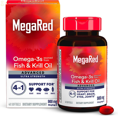 MegaRed Advanced 4in1 900Mg Fish Oil + Krill Oil Omega 3 Supplement with EPA & DHA, Supports Heart, Brain, Joint and Eye Health, 40 Softgels