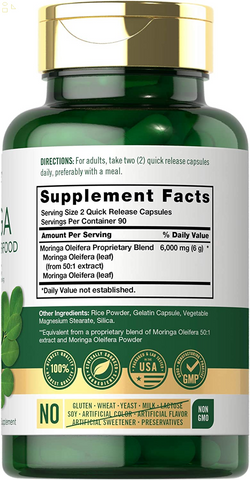 Moringa Oleifera | 180 Capsules | Non-Gmo and Gluten Free Supplement | Complete Green Superfood | from Moringa Leaf Powder
