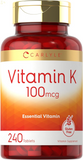 Vitamin K 100 Mcg | 240 Tablets | Vegetarian, Non-Gmo, Gluten Free | Vitamin K Supplement