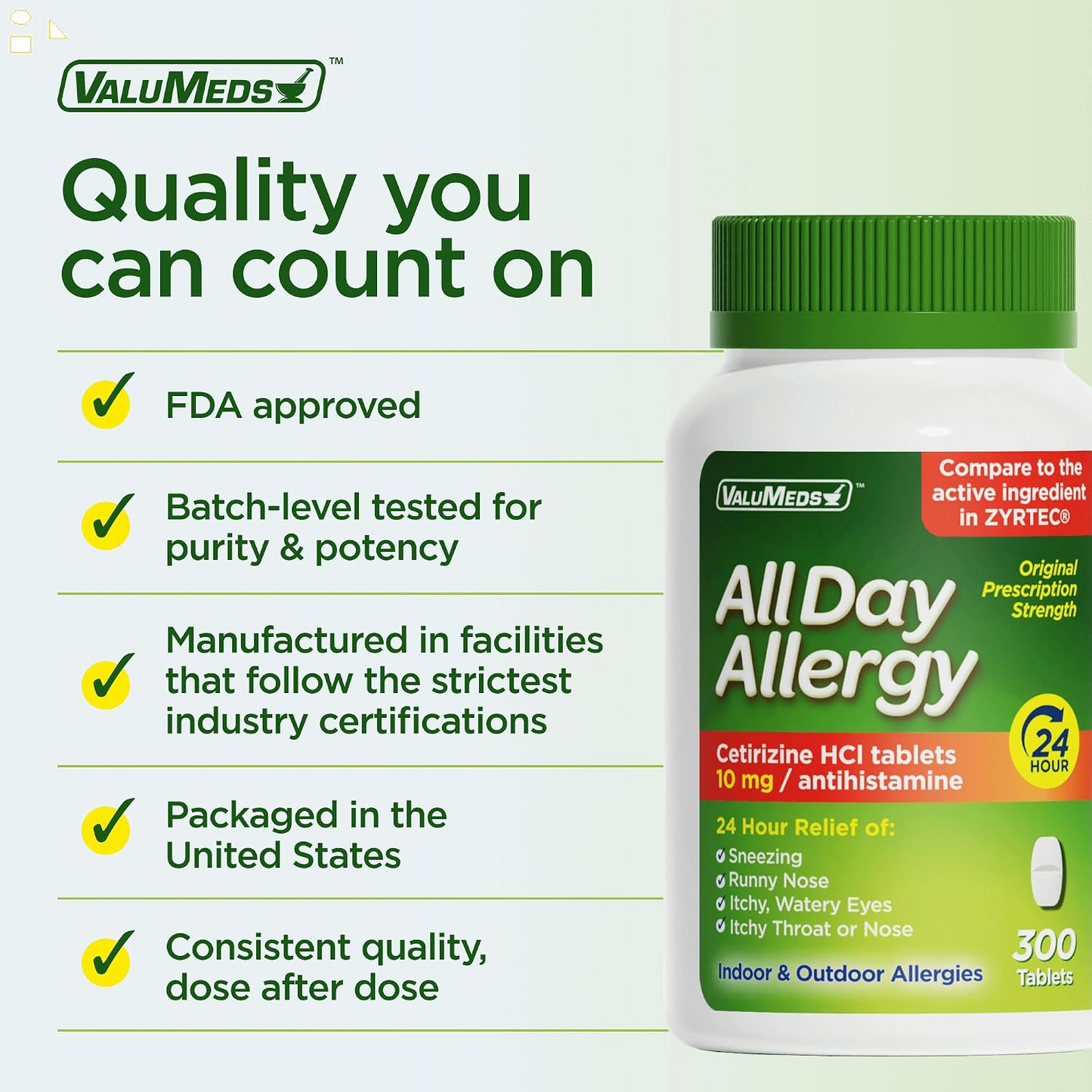 Valumeds 24-Hour Allergy Medicine Antihistamine for Pollen, Hay Fever, Dry, Itchy Eyes, Allergies | Cetirizine Hcl 10Mg Caplets, Compare to Leading  (300 Count)