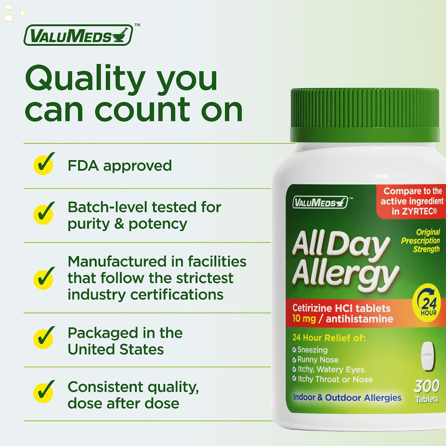 Valumeds 24-Hour Allergy Medicine Antihistamine for Pollen, Hay Fever, Dry, Itchy Eyes, Allergies | Cetirizine Hcl 10Mg Caplets, Compare to Leading  (300 Count)