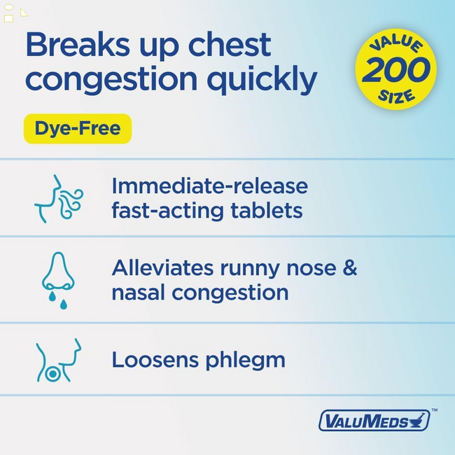 Valumeds Mucus Relief Guaifenesin 400Mg (200 Caplets) | Maximum Strength | Mucus Thinning for Colds, Chest Congestion, Flu, Coughing | Expectorant & Decongestant
