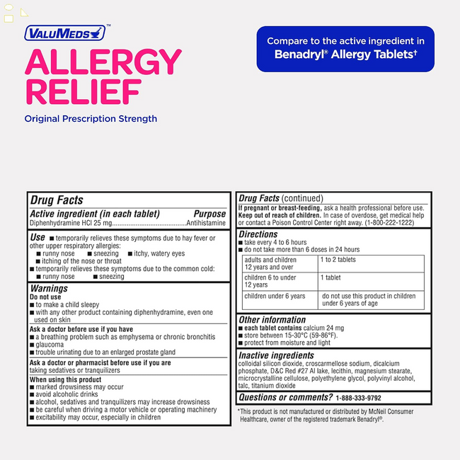 Valumeds Allergy Medicine Antihistamine, Diphenhydramine Hcl 25 Mg | Children and Adults | Relieve Itchy Eyes, Runny Nose, Sneezing (25 Mg, 600 Count)