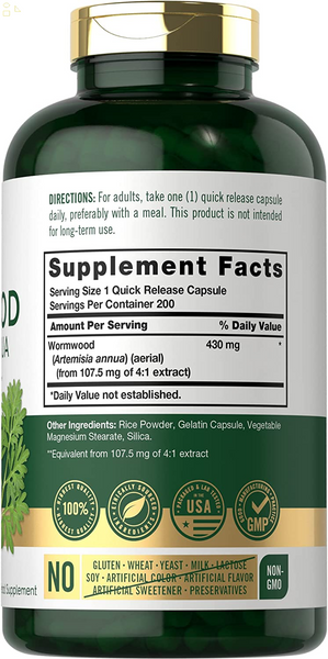 Wormwood Capsules 430Mg | Artemisia Annua | 200 Count | Non-Gmo & Gluten Free, Wormwood, Rice Powder, Gelatin Capsule, Vegetable Magnesium Stearate, Silica