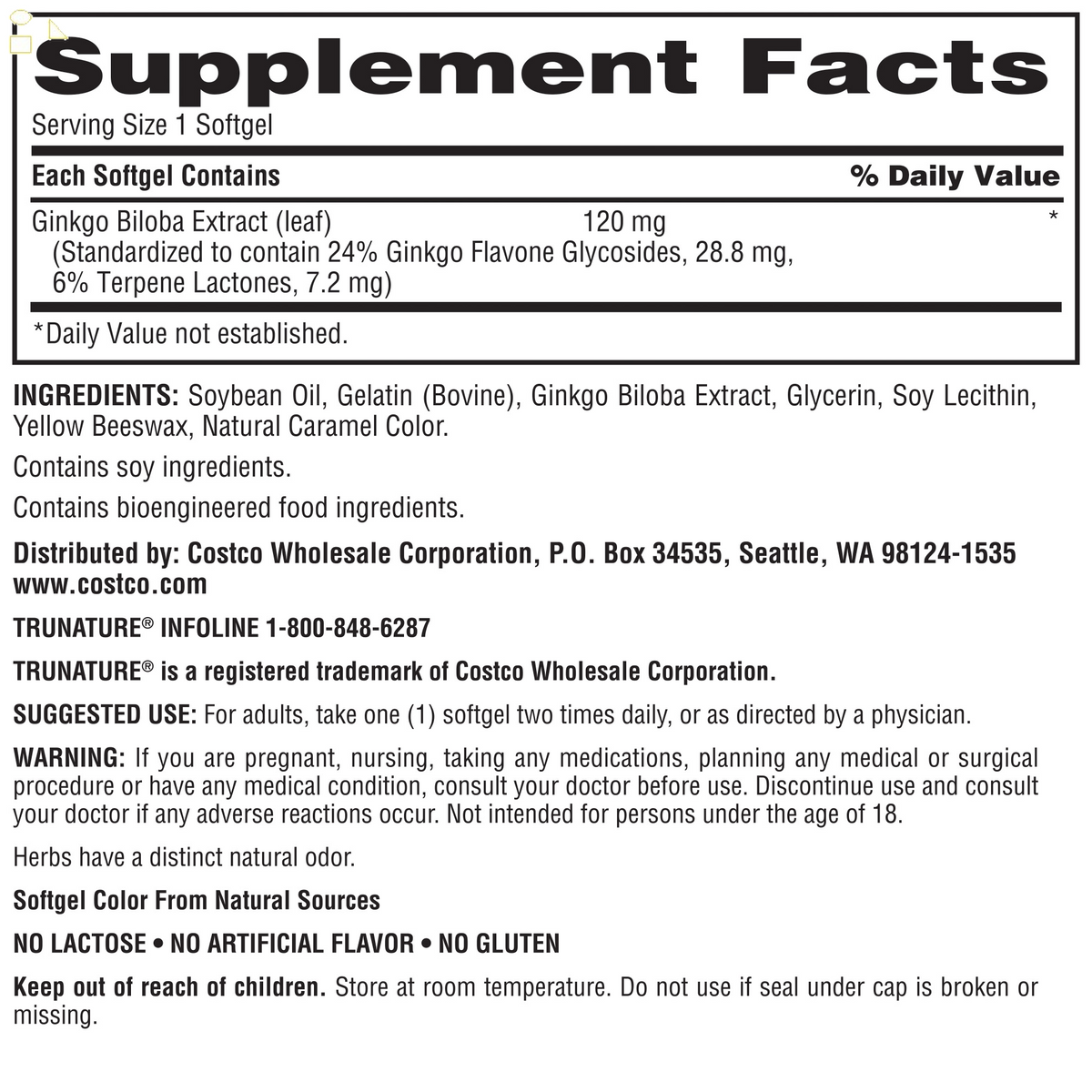 Trunature Ginkgo Biloba 120Mg, 340 Softgels