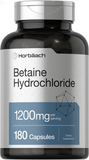 Betaine Hcl 1200Mg | 180 Capsules | Betaine Hydrochloride Supplement | Non-Gmo, Gluten Free | by