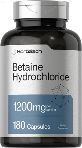 Betaine Hcl 1200Mg | 180 Capsules | Betaine Hydrochloride Supplement | Non-Gmo, Gluten Free | by