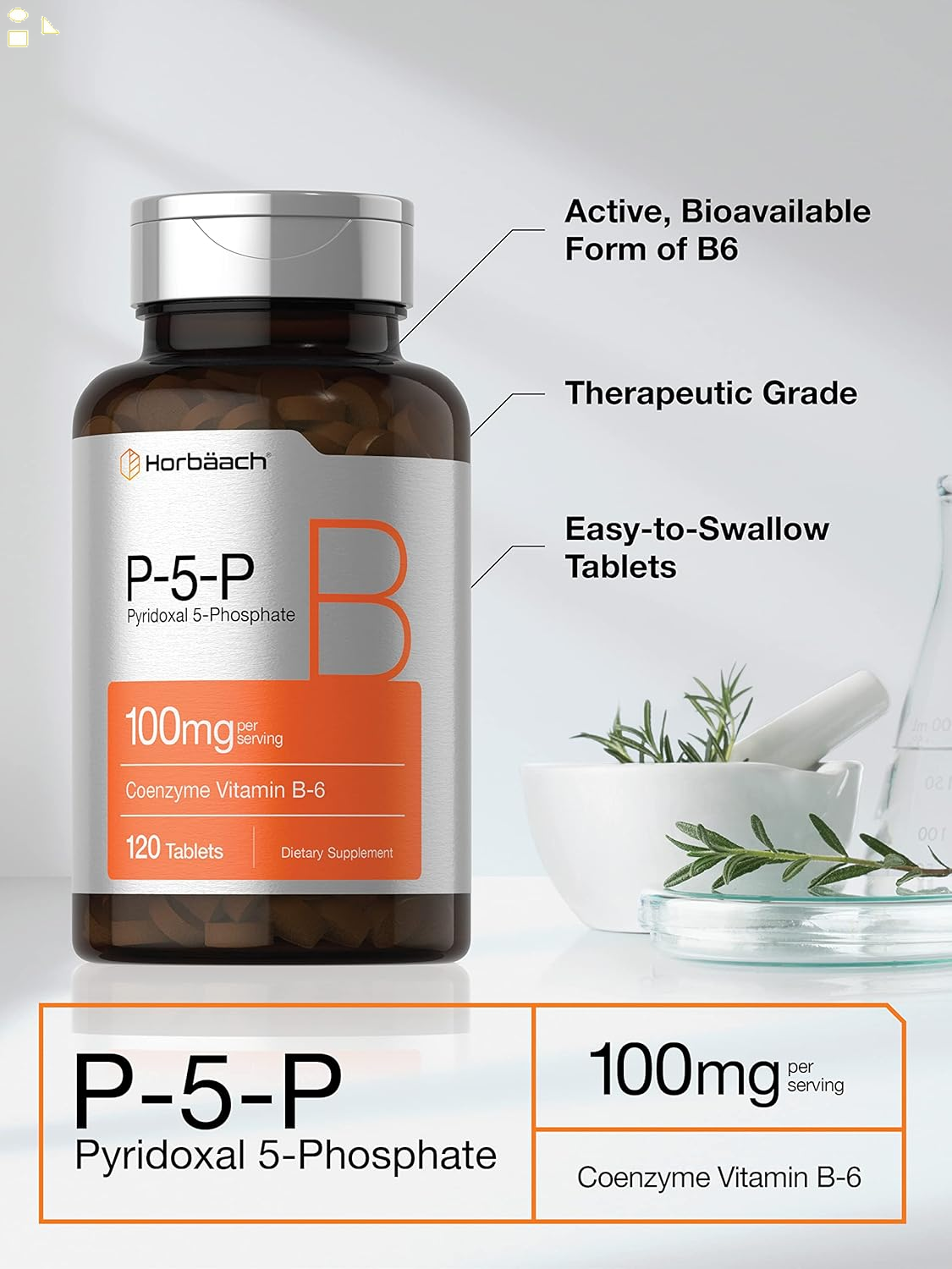 Horbäach P5P Activated Vitamin B6 100Mg | 120 Vegetarian Tablets | Non-Gmo, Gluten Free Supplement | Pyridoxal 5 Phosphate | Coenzyme B6