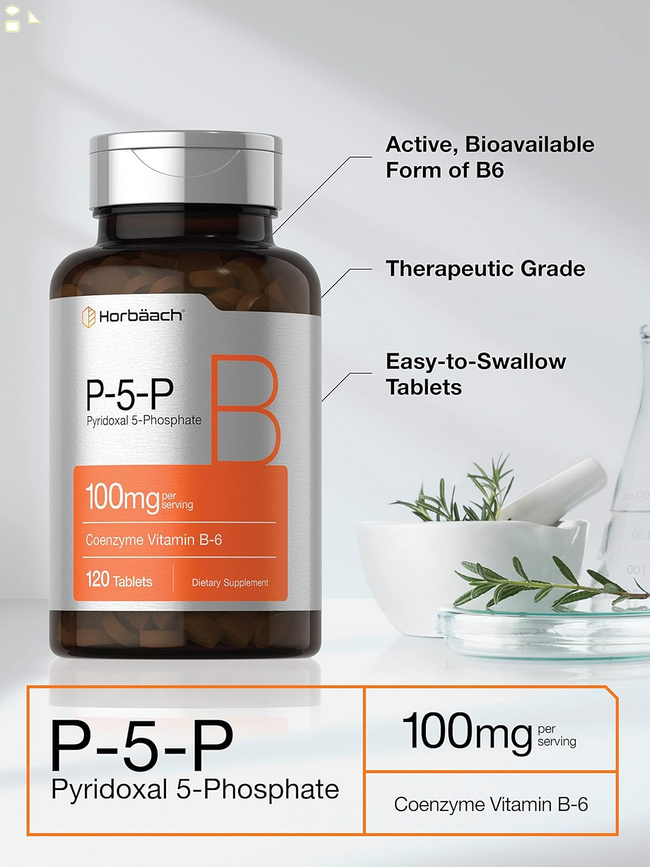 Horbäach P5P Activated Vitamin B6 100Mg | 120 Vegetarian Tablets | Non-Gmo, Gluten Free Supplement | Pyridoxal 5 Phosphate | Coenzyme B6