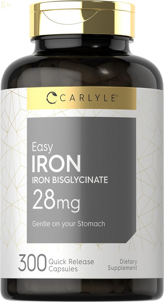 Easy Iron | 28 Mg | 300 Capsules | Non-Gmo and Gluten Free Gentle on Your Stomach Formula | as Iron Bisglycinate | by