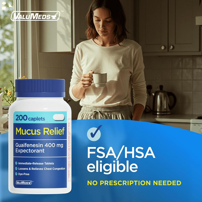 Valumeds Mucus Relief Guaifenesin 400Mg (200 Caplets) | Maximum Strength | Mucus Thinning for Colds, Chest Congestion, Flu, Coughing | Expectorant & Decongestant