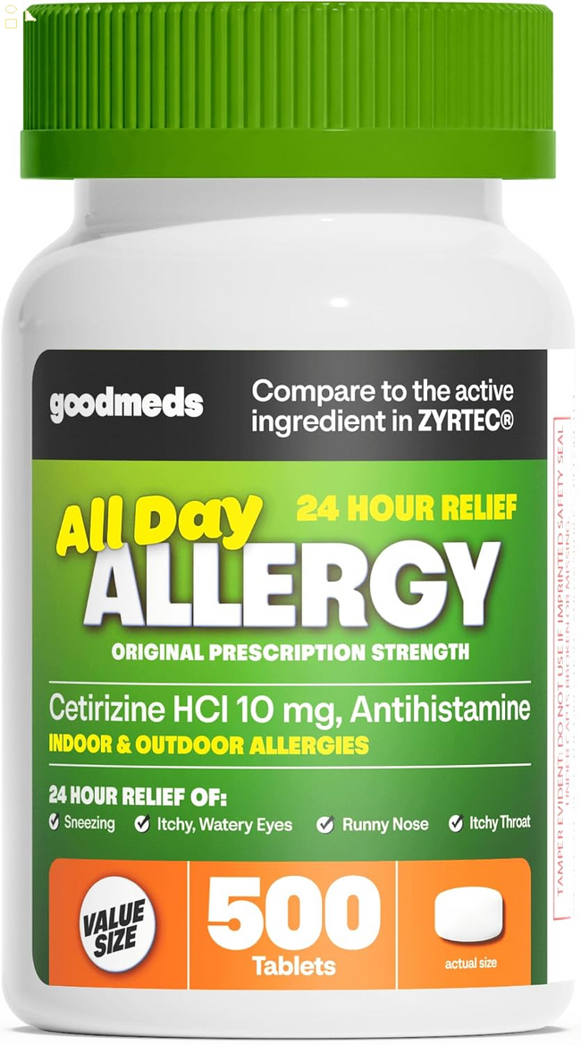 24-Hour Allergy Medicine 500-Count Non-Drowsy Antihistamine for Pollen, Hay Fever, Dry, Itchy Eyes, Allergies | Cetirizine Hcl 10Mg Tablets, Compare to Leading