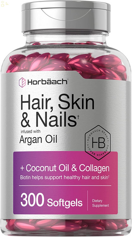 Hair Skin and Nails Vitamins | 300 Softgels | with Biotin and Collagen | Infused with Argan Oil and Coconut Oil | Non-Gmo, Gluten Free Supplement | by Horbaach