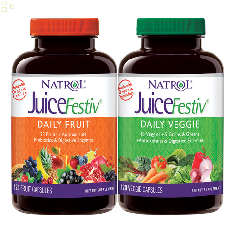 Natrol Juicefestiv Daily Fruit & Veggie, 240 Capsules | Contains 23 Fruits, 18 Vegetables and 5 Grains & Greens, fortified with antioxidants, probiotics and digestive enzymes
