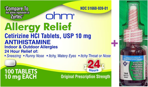 OHM Cetirizine 10mg Non-Drowsy Allergy Relief Tablets Antihistamine (56 Ct.) Plus MM Fluticasone Nasal Spray 50mcg, 1 Bottle 144 Sprays | Compare to Zyrtec & Flonase Active Ingredients  | Indoor/Outdoor Allergy Relief 