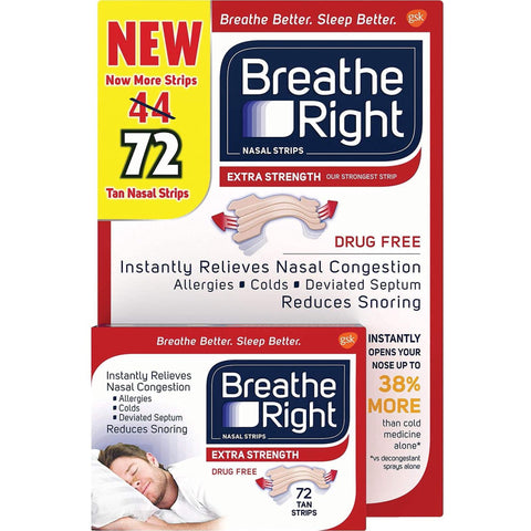 Breathe Right Extra Strength Tan Strips Reduces Snoring-Free Nasal Strips for Nasal Congestion Relief-72 Count