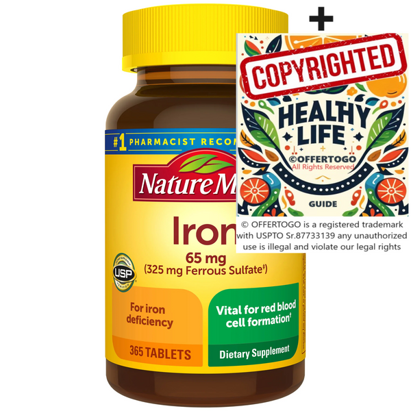 Nature Made Iron, 65 Mg, 365 Tablets | Vital For Red Blood Cell Formation Bundle with Copyrighted OFFERTOGO Healthy Life Guide