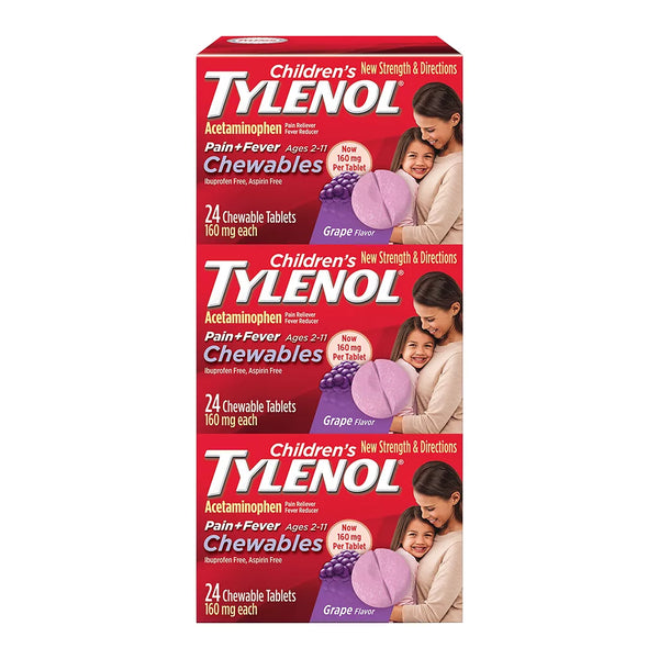 Tylenol Childrens Pain plus Fever Chewable Tablets, Grape, 24 Ea, 3 Pack