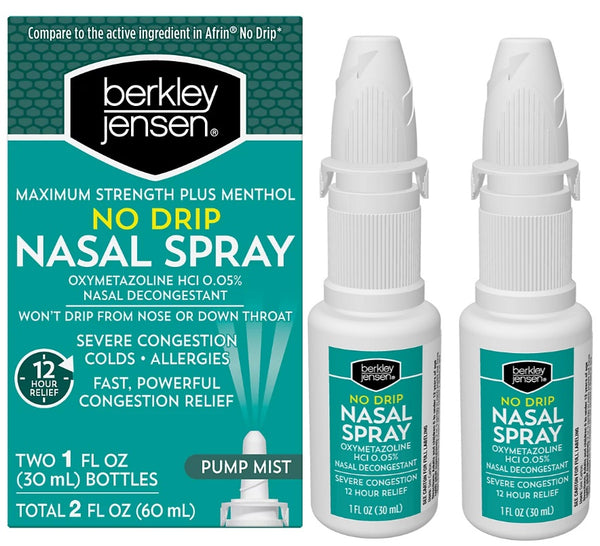 No Drip Maximum Strength Plus Menthol 12 Hour Nasal Congestion Relief Spray 2 x 1oz Bottles | Compare to Afrin Maximum Strength Active Ingredient