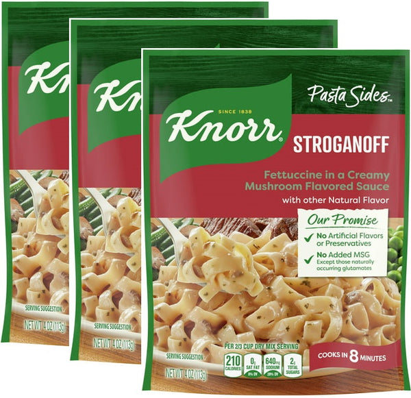 Pack of 3 Knorr Pasta Sides Stroganoff Fettuccinne, Cooks in 7 Minutes, No Artificial Flavors or Preservatives, No Added MSG 4 Oz