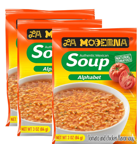 Pack Of 3 La Moderna Alphabet Soup | Fun Natural Tomato & Chicken Broth, Noodle Soup, 3 Oz Each | Authentic Mexican Soap