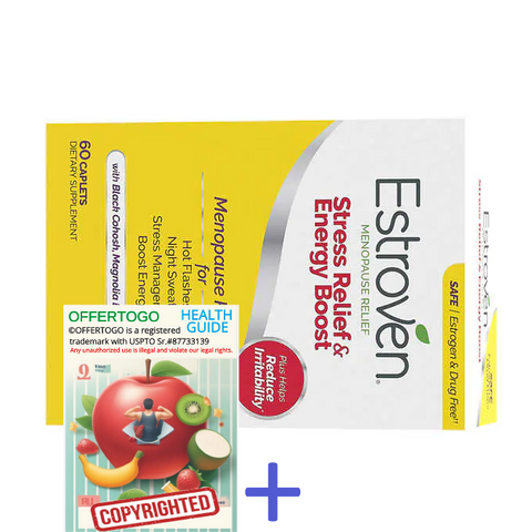 Estroven Maximum Strength Menopause Relief + Stress, 60 Caplets Bundle with OFFERTOGO Copyrighted Health Guide