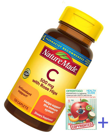 Nature Made. Vitamin C with Rose Hips, 500 mg, 130 Caplets Bundle with OFFERTOGO Health Guide