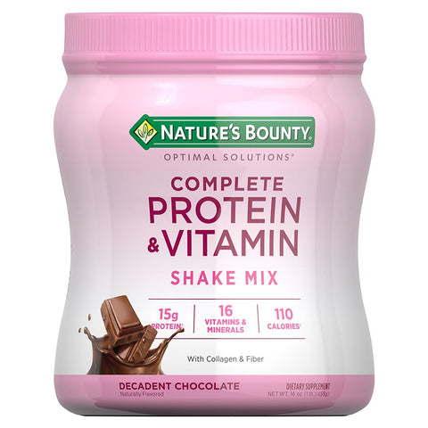 Nature's Bounty Optimal Solutions Protein Powder with 16 Vitamins & Minerals Plus Collagen & Fiber Chocolate, 1 Lb