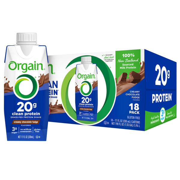 Orgain Clean Grass Fed Protein Shake, Creamy Chocolate Fudge, 11 Fl Oz, 18-Pack